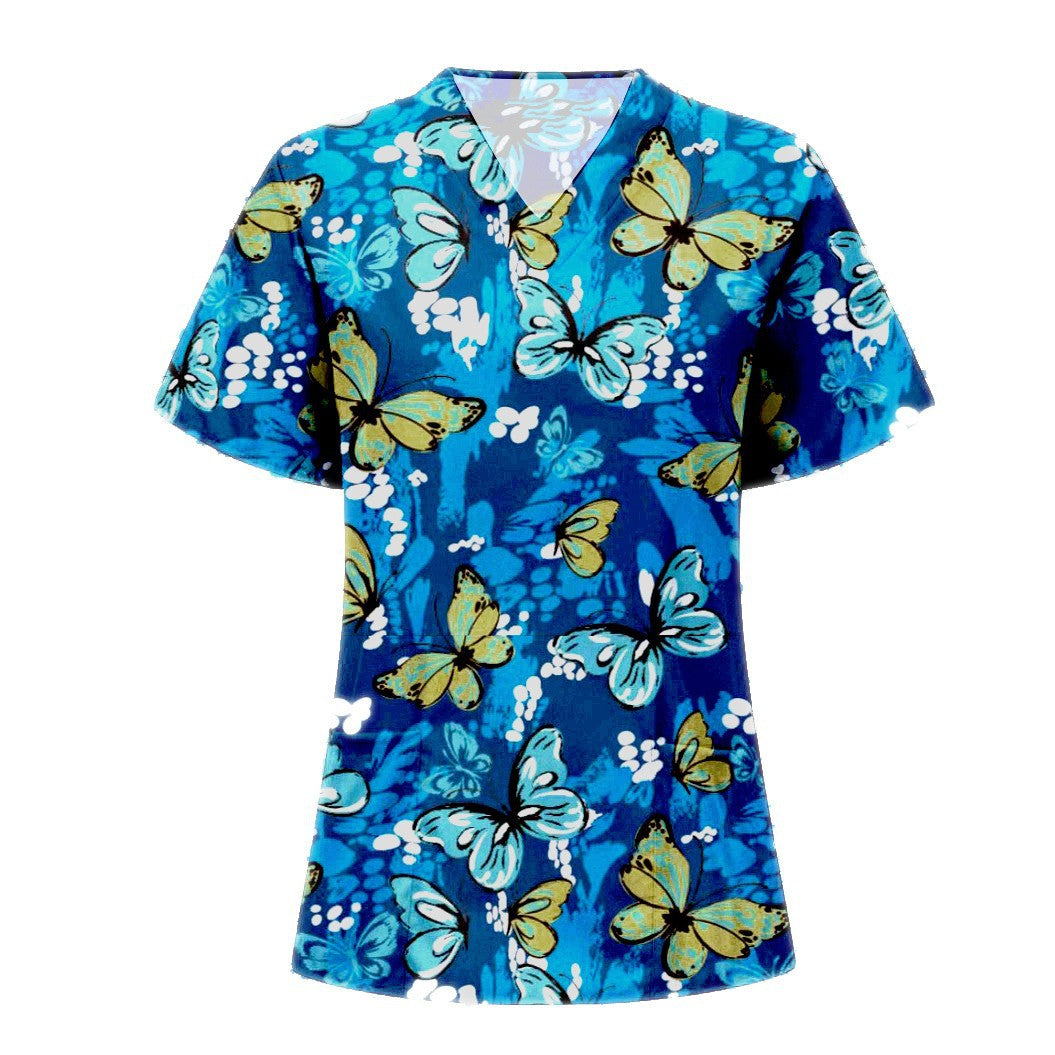 Wholesale Women's V-neck Cartoon Printed Pockets Polyester Work Clothes